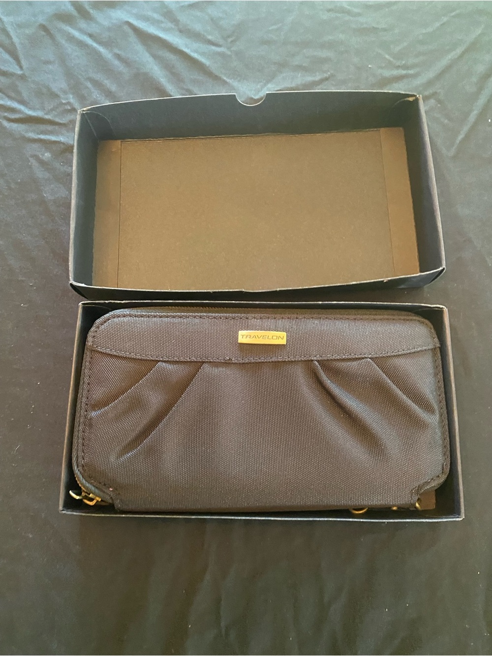 Travelon Black Compact Crossbody Wallet with Gold Accent